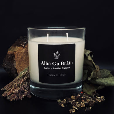 scottish candle that smells like vintage and vetiver which is made by alba gu brath homeware in dunfermline, scotland
