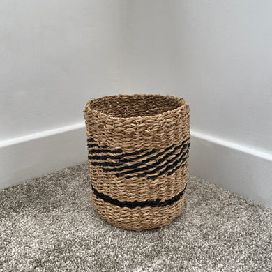seagrass basket with black and natural colours sold by alba gu brath in dunfermline, scotland